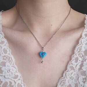 Vintage antique dainty blue glass flower heart necklace